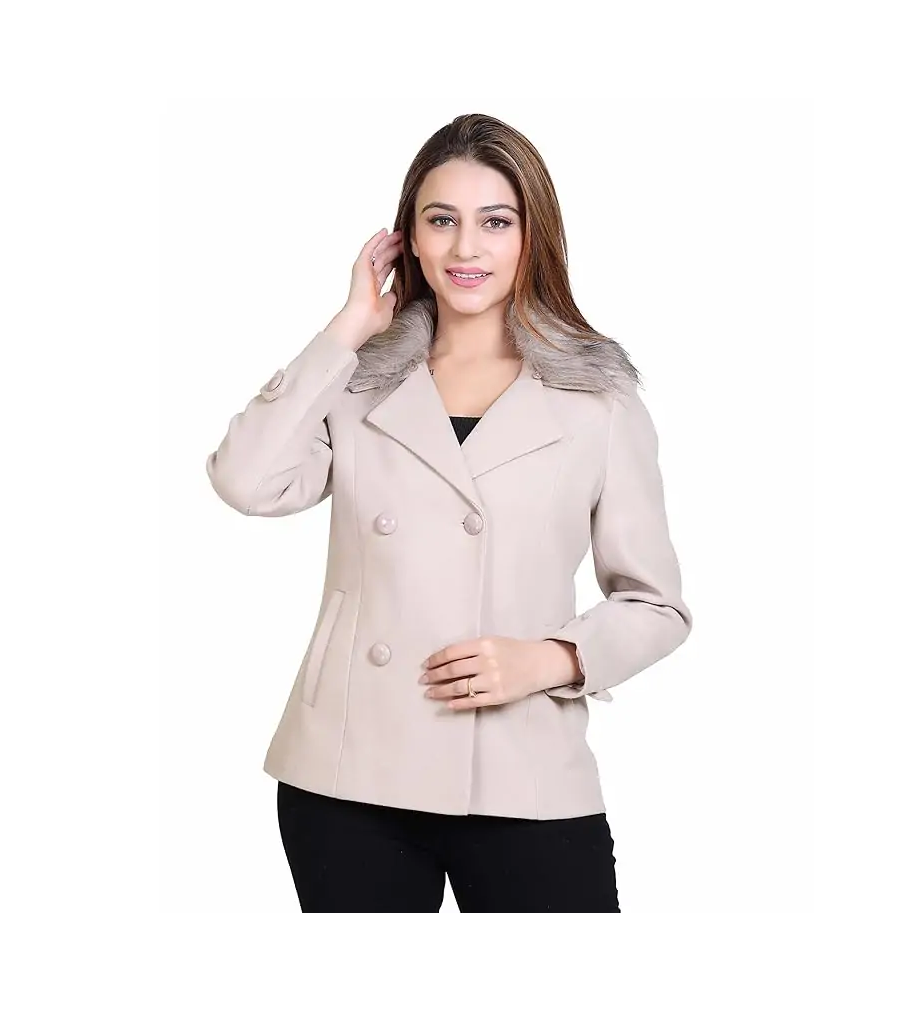 Comfy Sparrow Women Standard Length Wool Blend Double Breasted Short Coat