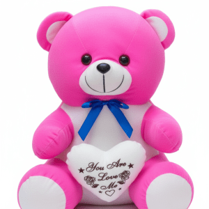 Pink Plush Teddy Bear with Heart Pillow – Small Soft Stuffed Toy, Blue Bow Accent