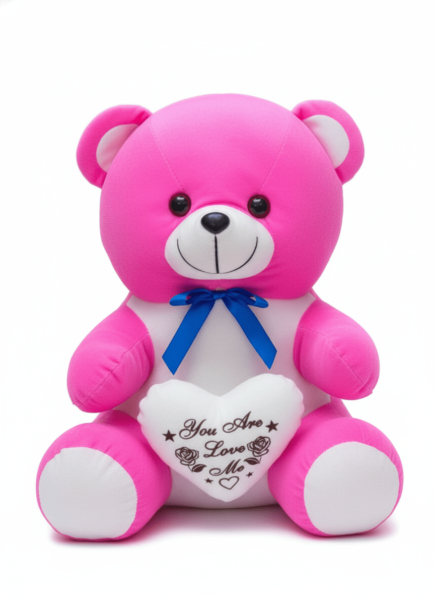 Pink Plush Teddy Bear with Heart Pillow – Small Soft Stuffed Toy, Blue Bow Accent