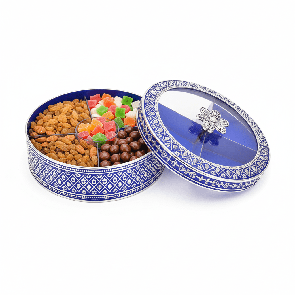 Ornate Blue & Silver Round Multipurpose Dry Fruit/Sweets Box with Clear Lid